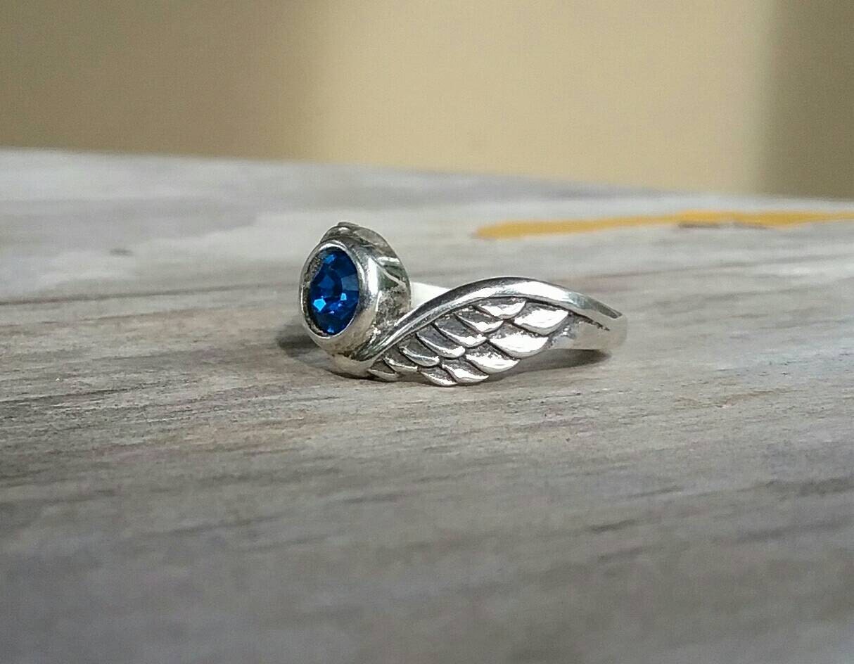 Angel,Goddess  ring,sterling silver, swaravoski blue crystal,angel wings,alternative steampunk gothic art nouveau victorian