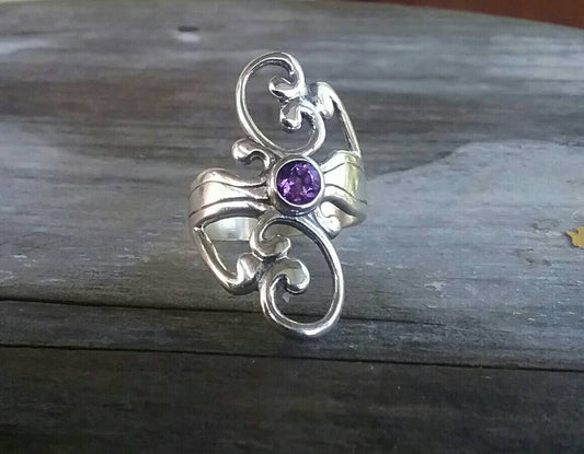 purple stone ring,cubic zirconia,long ring,Sterling silver,steampunk,gothic,art nouveau,hipster, handmade,vintage,scrolls,boho,gypsy goddess