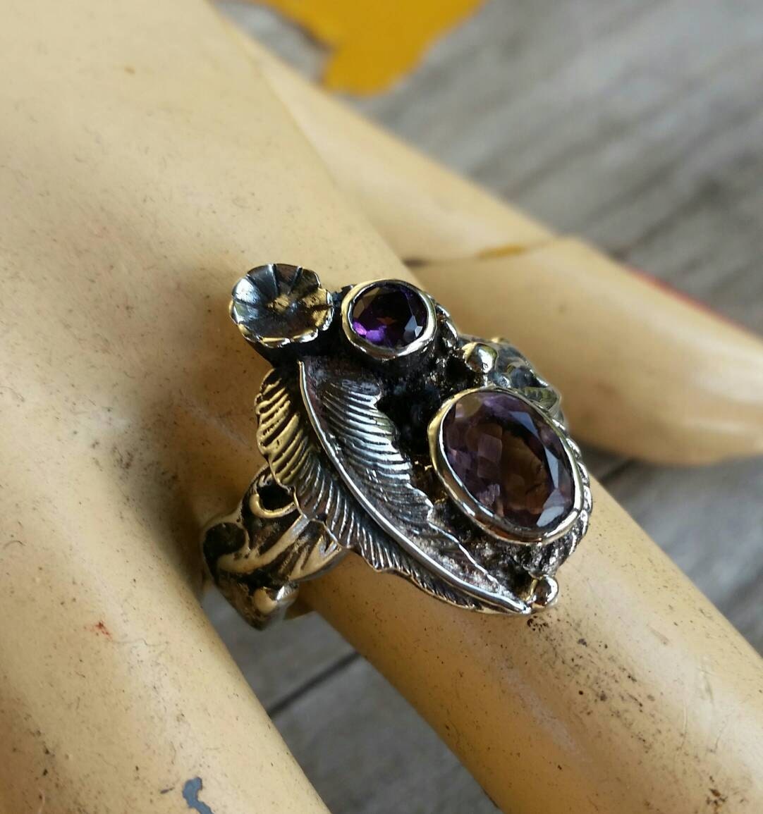 Amethyst flower ring sterling silver alternative steampunk gothic art nouveau victorian flower rockabilly RESERVED