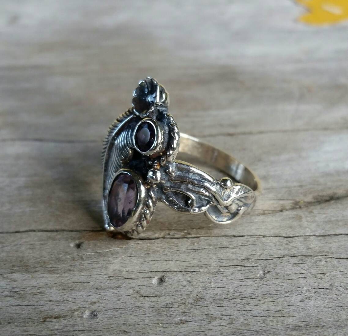 Amethyst flower ring sterling silver alternative steampunk gothic art nouveau victorian flower rockabilly RESERVED