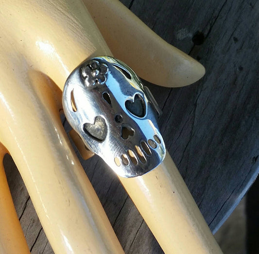 sugar skull,silouette ring, sterling silver,day of the dead, skull,steampunk,gothic, punk,women's skull ring,long silver ring,handmade,