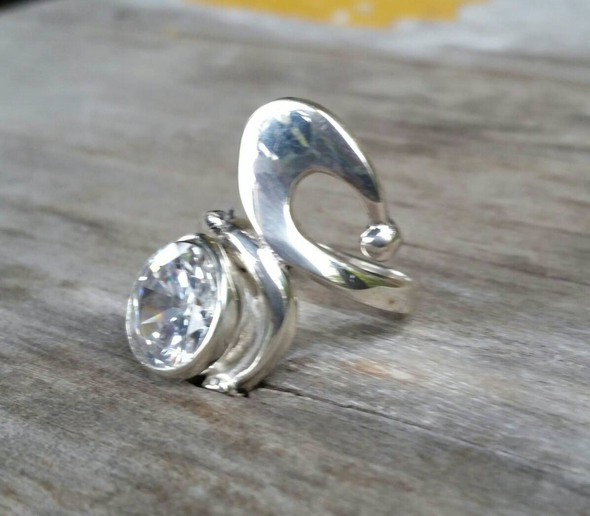 Long ring,scroll,Sterling silver,cubic zirconia, bling,boho,deco,art nouveau, swirl,women's fashion,cz,handmade,