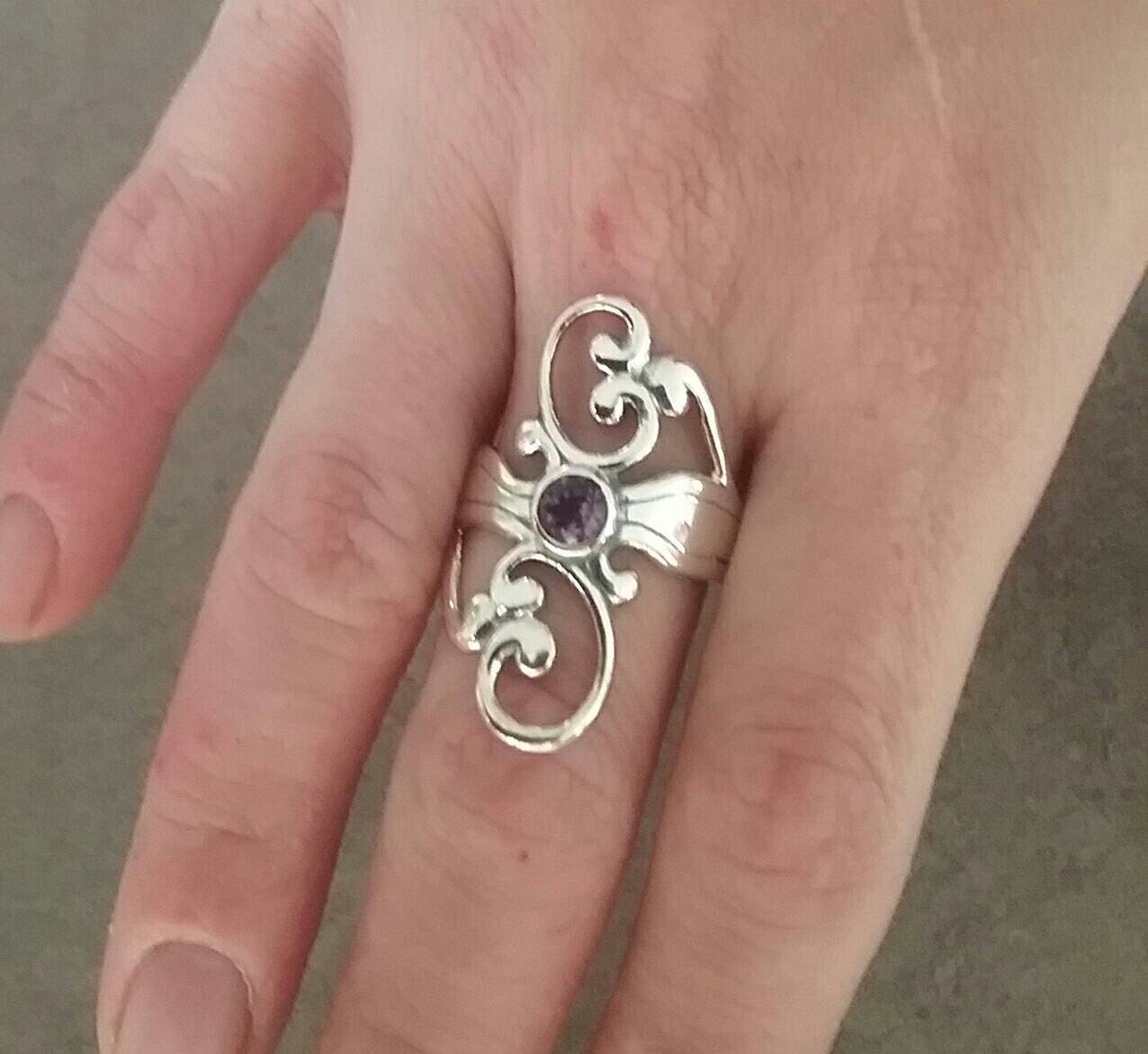 Long ring,sterling silver,electric blue,Cubic zirconia, scroll,vintage,boho,handmade, steampunk,art nouveau,goddess,women's fadhion,designer