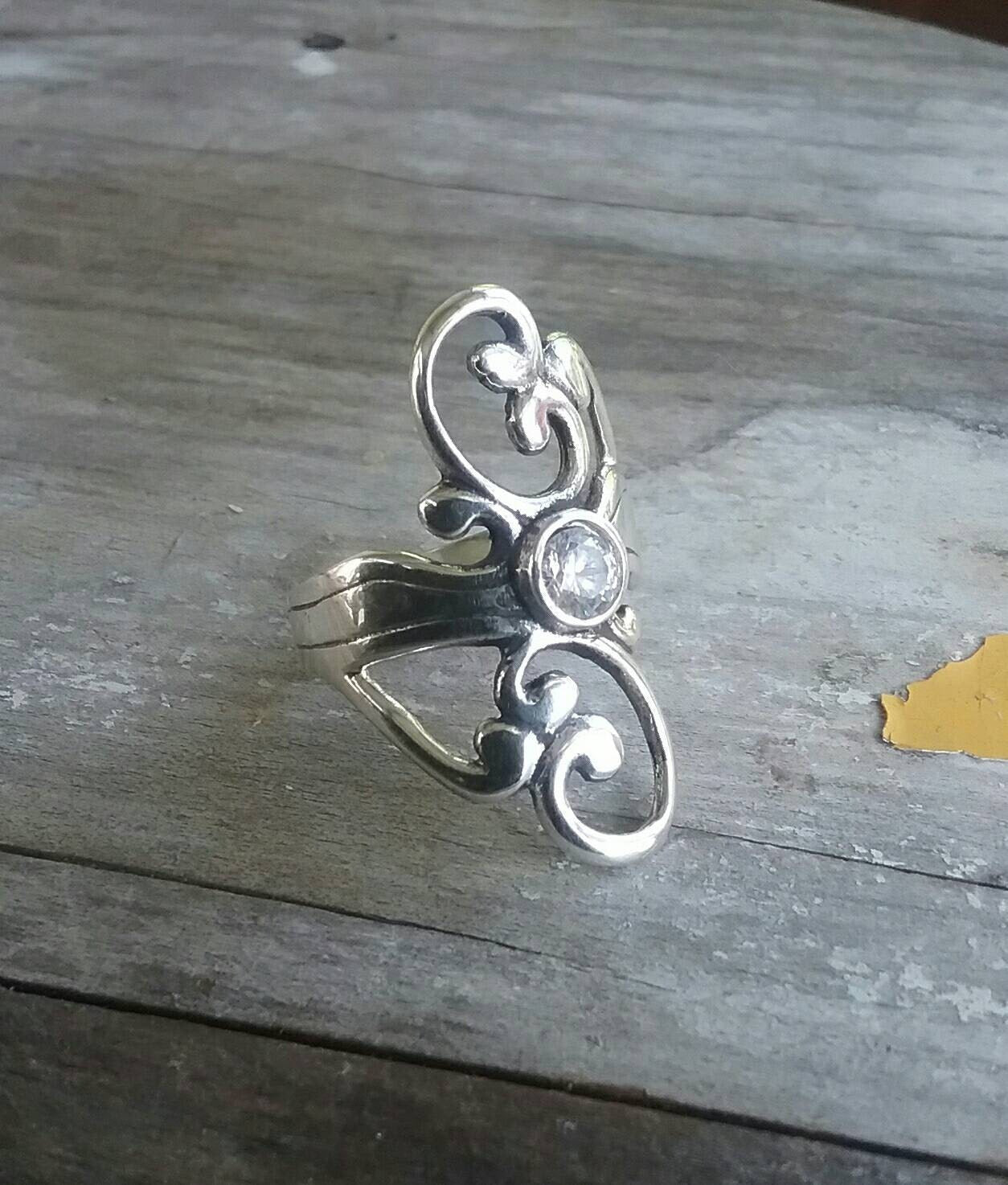 Long ring,sterling silver,cubic zirconia ring,handmade,ornate scroll,baroque,boho,gypsy,vintage,new age ring,art nouveau,shabby chic,goddess