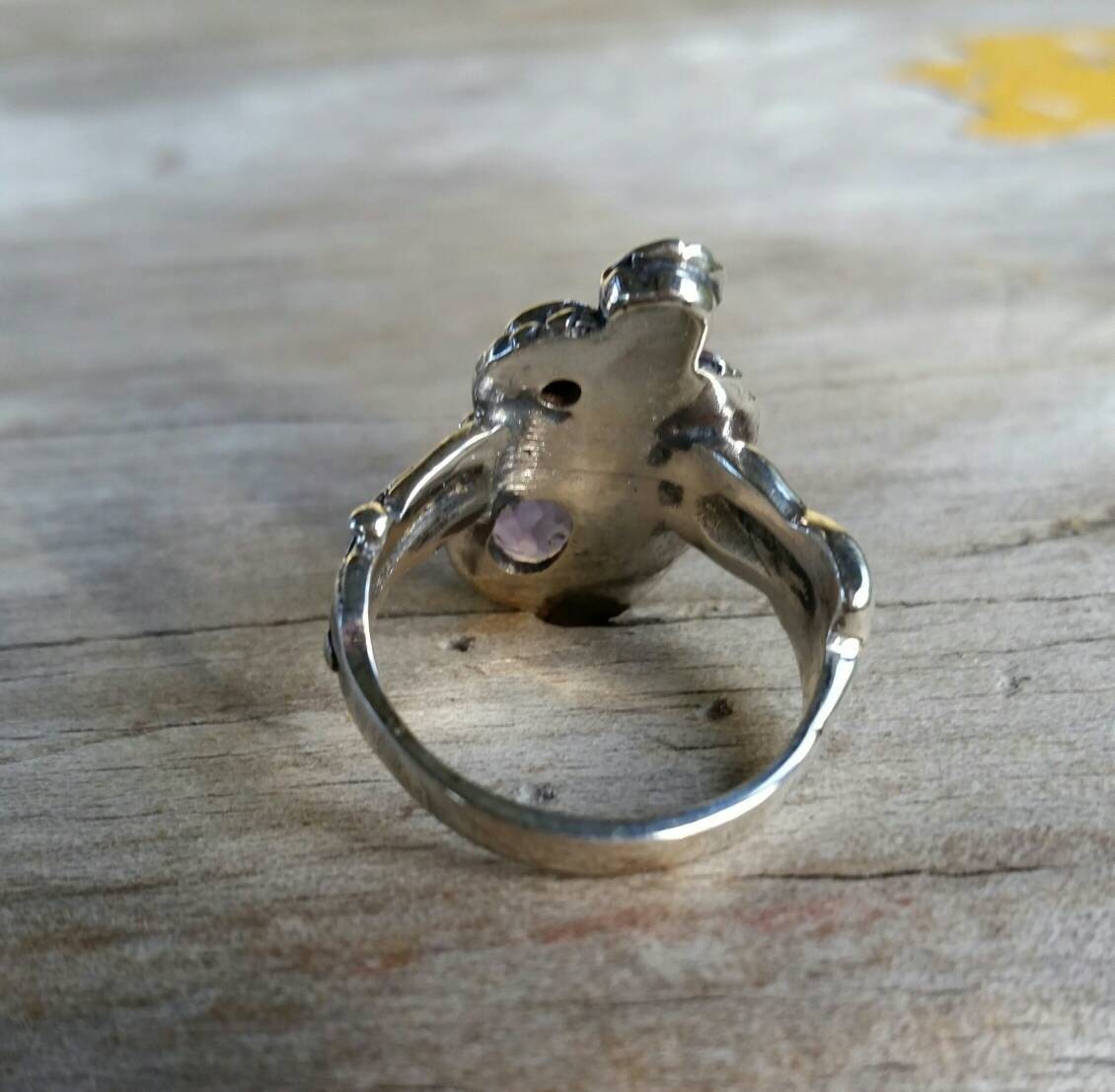 Amethyst flower ring sterling silver alternative steampunk gothic art nouveau victorian flower rockabilly RESERVED