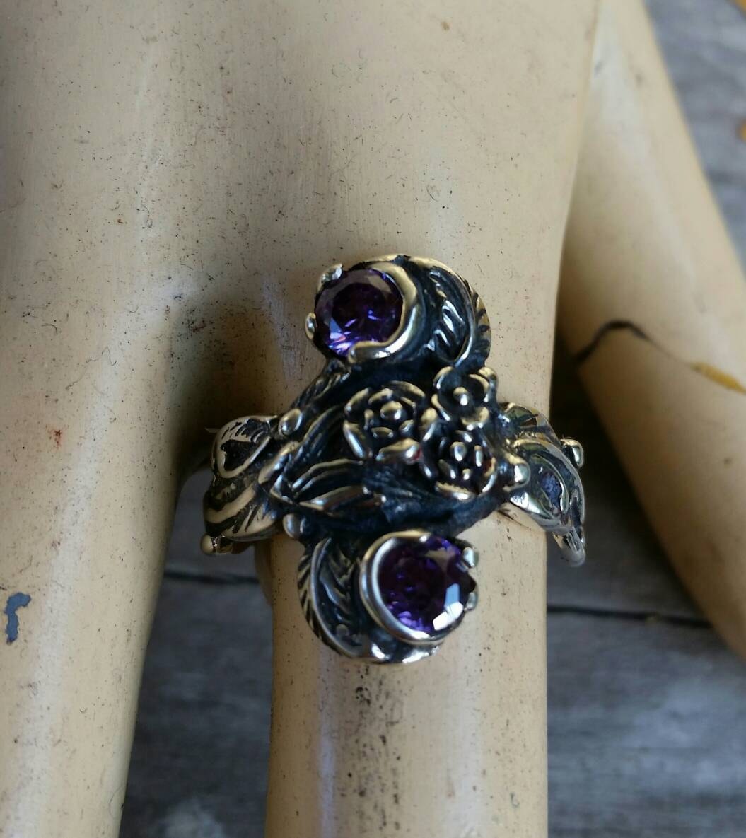 Amethyst flower ring  sterling silver purple cz alternative steampunk gothic art nouveau victorian flower rockabilly