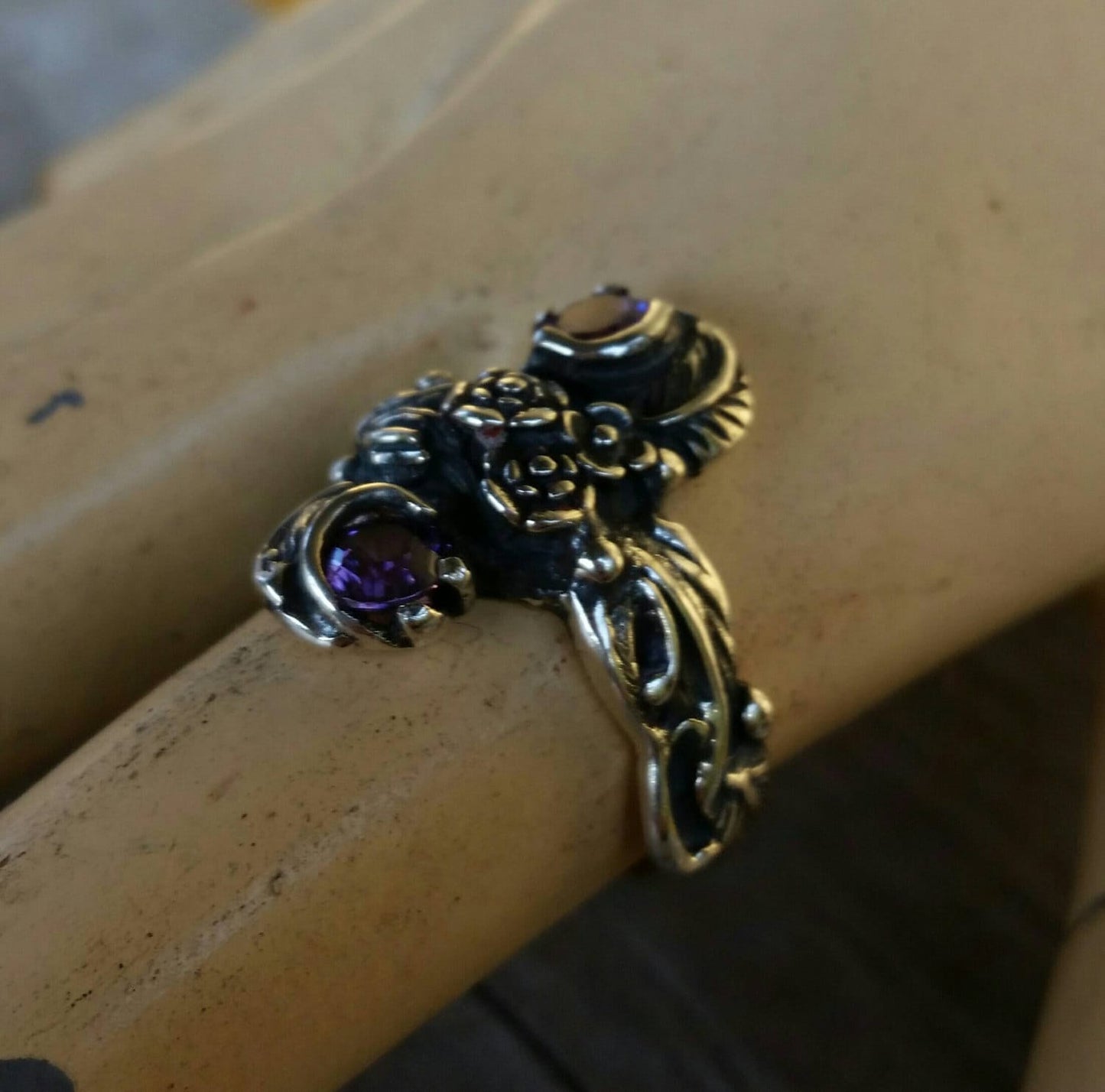 Amethyst flower ring  sterling silver purple cz alternative steampunk gothic art nouveau victorian flower rockabilly