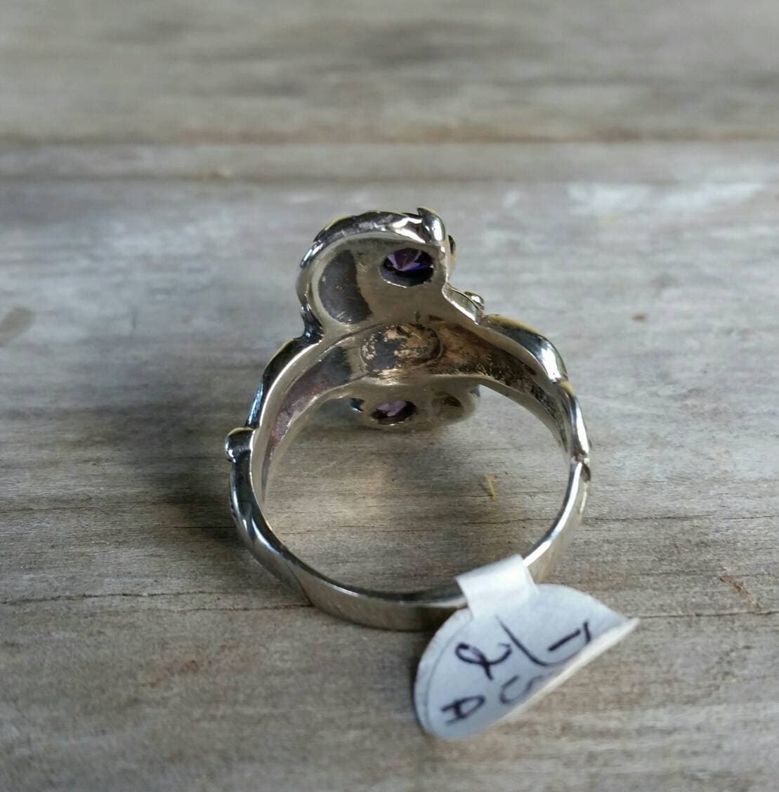 Amethyst flower ring  sterling silver purple cz alternative steampunk gothic art nouveau victorian flower rockabilly