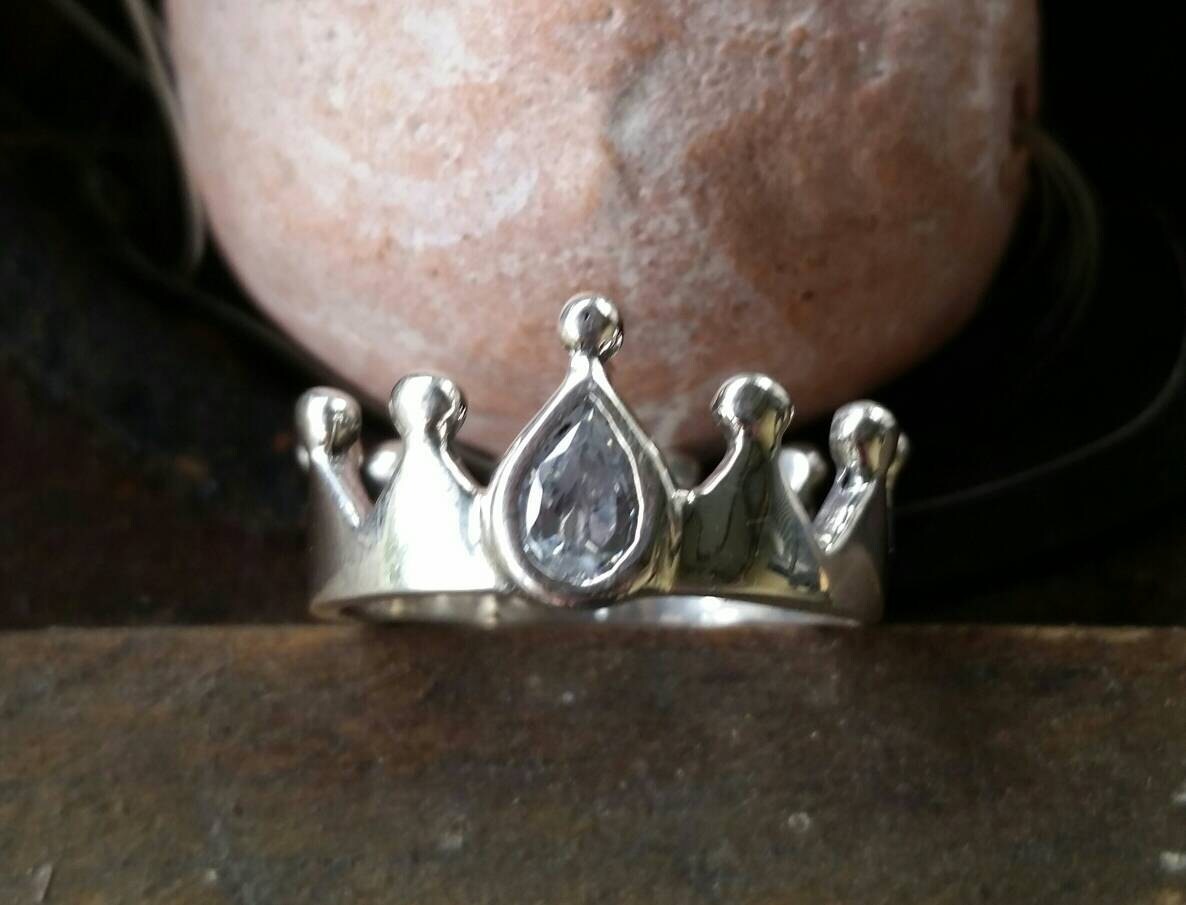 crown ring, bling, sterling silver,cz,cubic zirconia, rockabiily alternative hipster wedding steampunk gothic