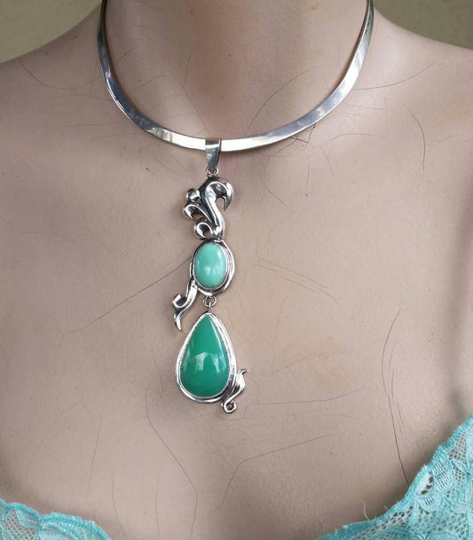 Large stone  pendant,crysaphase, turquoise,sterling silver,handmade,original design, antique,scrolly,boho pendant,choker,bridal necklace