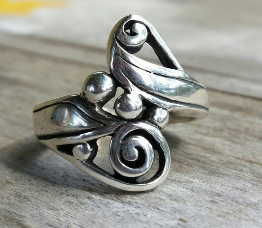 sterling silver,scroll ring,steampunk,handmade,gothic, art nouveau,celtic,tribal,swirl, boho,gypsy,hippy,baroque,long ring,festival,funky