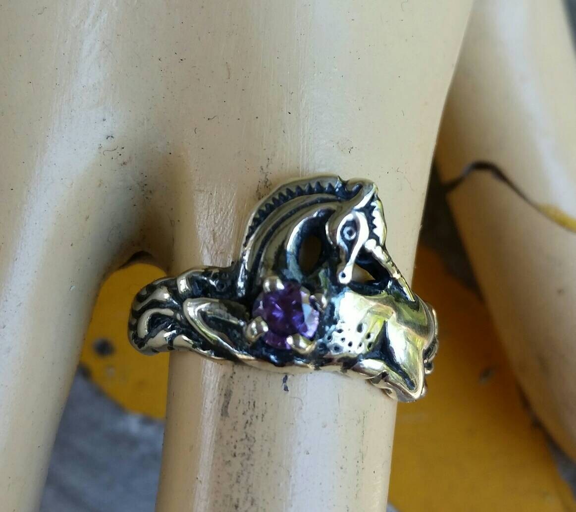 Unicorn ring,sterling silver,mythical horse,fantasy, purple stone ring,new age,boho hippy,art nouveau,horse,magic,