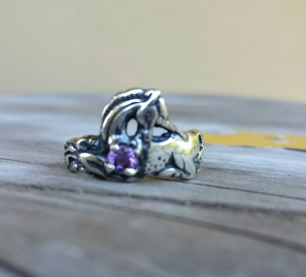 Unicorn ring,sterling silver,mythical horse,fantasy, purple stone ring,new age,boho hippy,art nouveau,horse,magic,