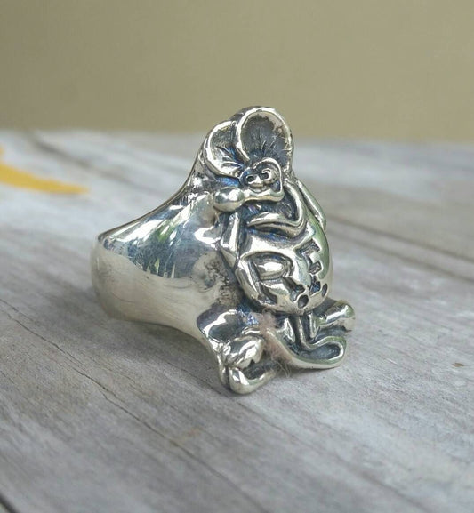Rat fink ring,sterling silver,Ed Roth,hot rod,rockabilly,large silver ring,chunky ring,mans silver ring,tattoo,rat,flames,big daddy,