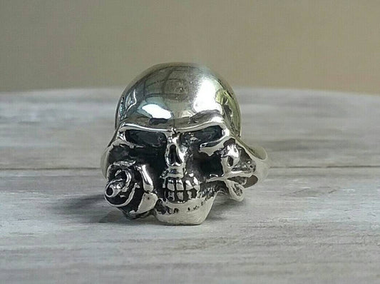 Skull rose ring,sterlin silver, unisex,flat skull ring,steampunk,gothic punk,boho shic,rose,pirate rimg,hipster jewelry,rockabilly,handmade,