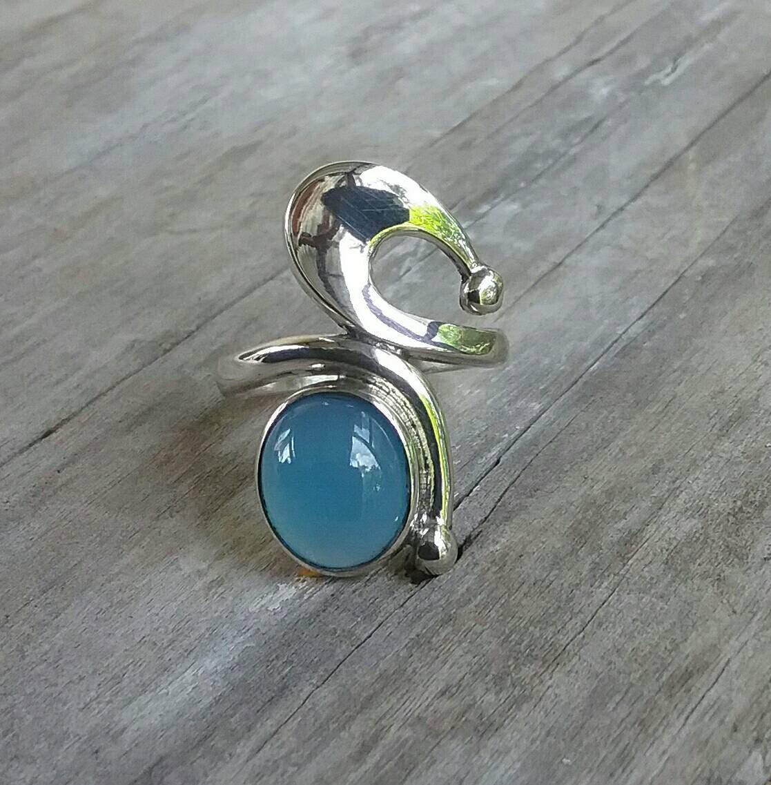Blue chalcedony,blue stone ring,long ring,swirl,sterling silver, boho,hipster chic,womens fashion,goddess,hand made,MADE TO ORDER