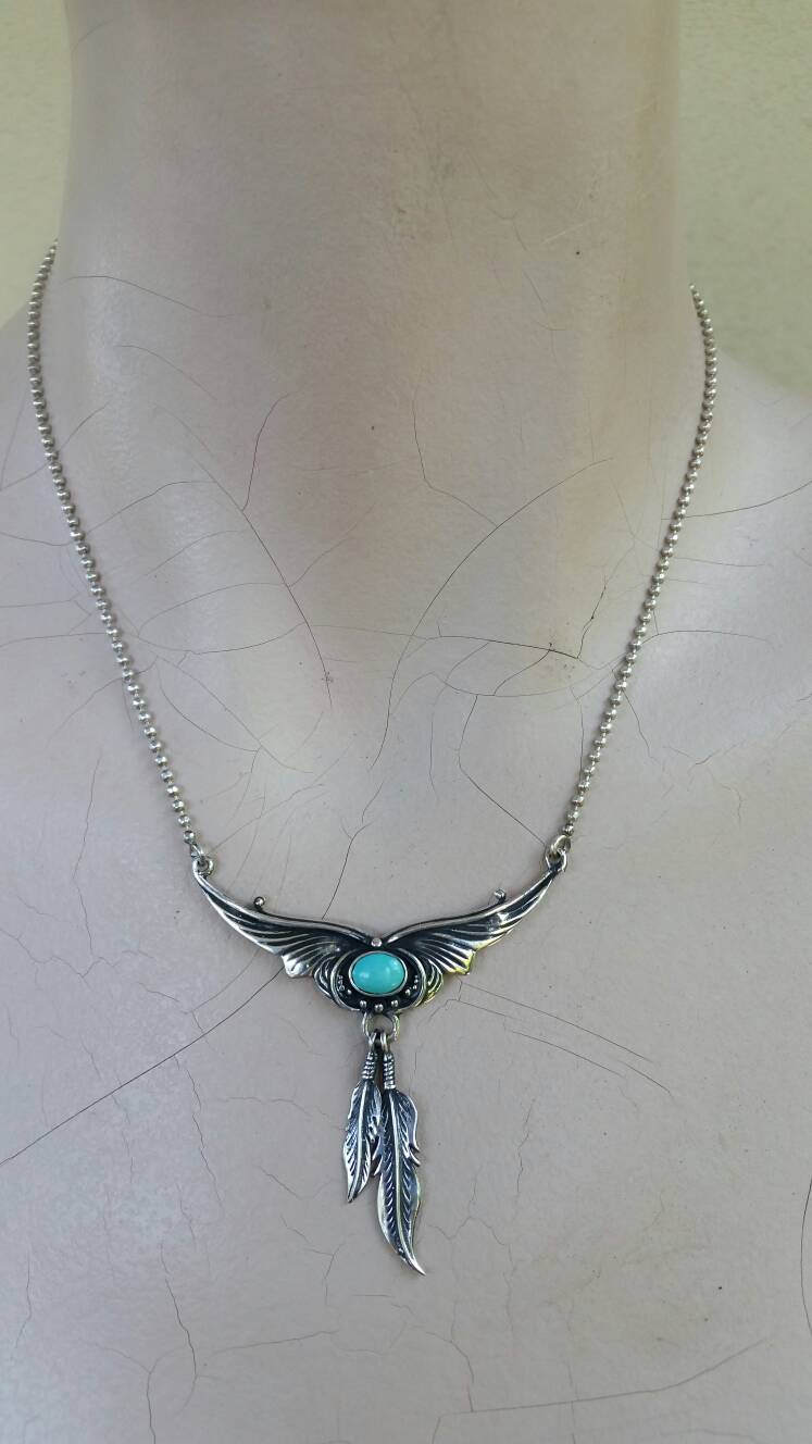 Turquoise necklace,sterling silver,feather,boho,gypsy,shabby shic,vintage,ethnic,handmade,women's fashion,goddess,choker,stone pendant