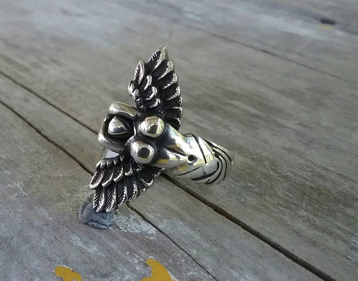 Goddess,naked lady,winged angel ring,sterling silver,eagle,feather,fairy,boho,gypsy,long ring,arc angel,handmade,bondage ring,angel ring