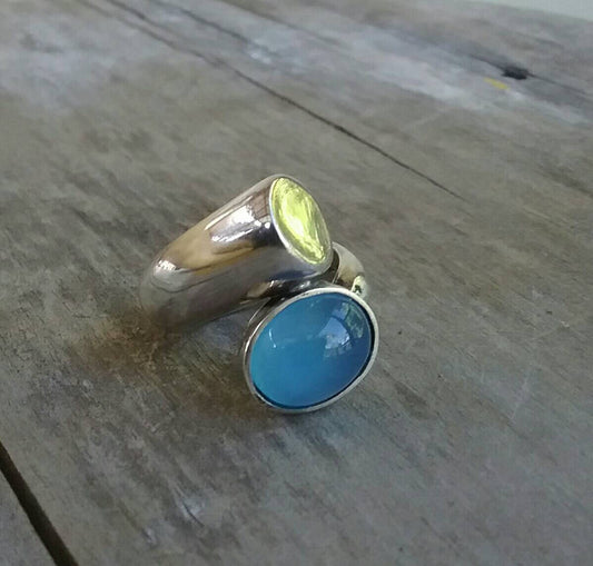 Blue chalcedony,chunky ring,sterling silver, boho,chic,vintage,hand made,retro,designer,