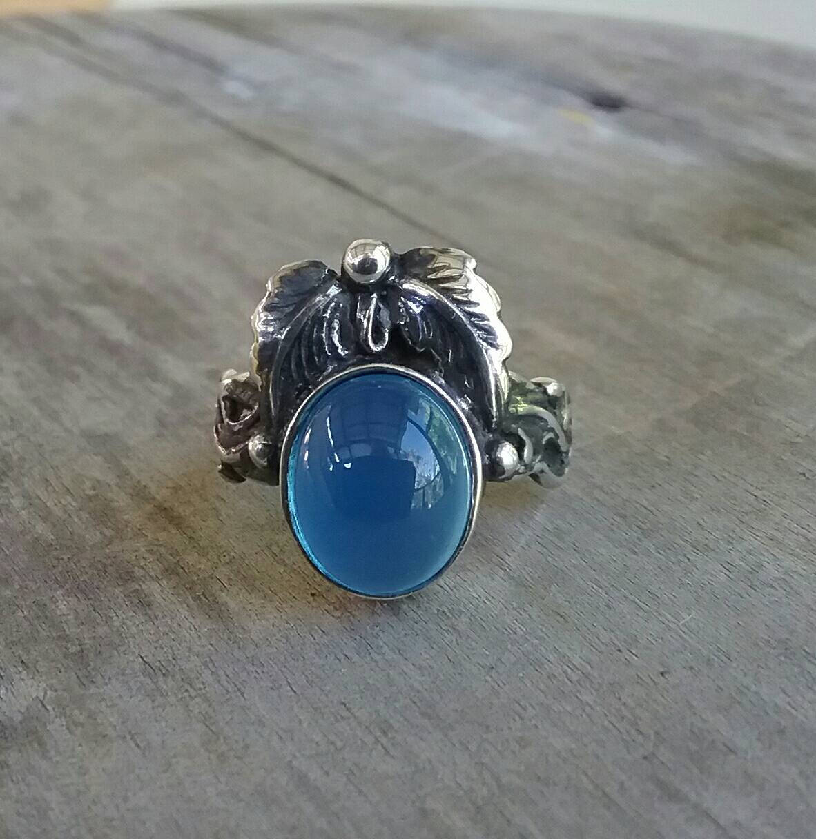 Blue chalcedony, leaf ring, sterling silver,handmade, steampunk,gothic, art nouveau, victorian,vintage,boho,designer ,gypsy,tribal,filigree,