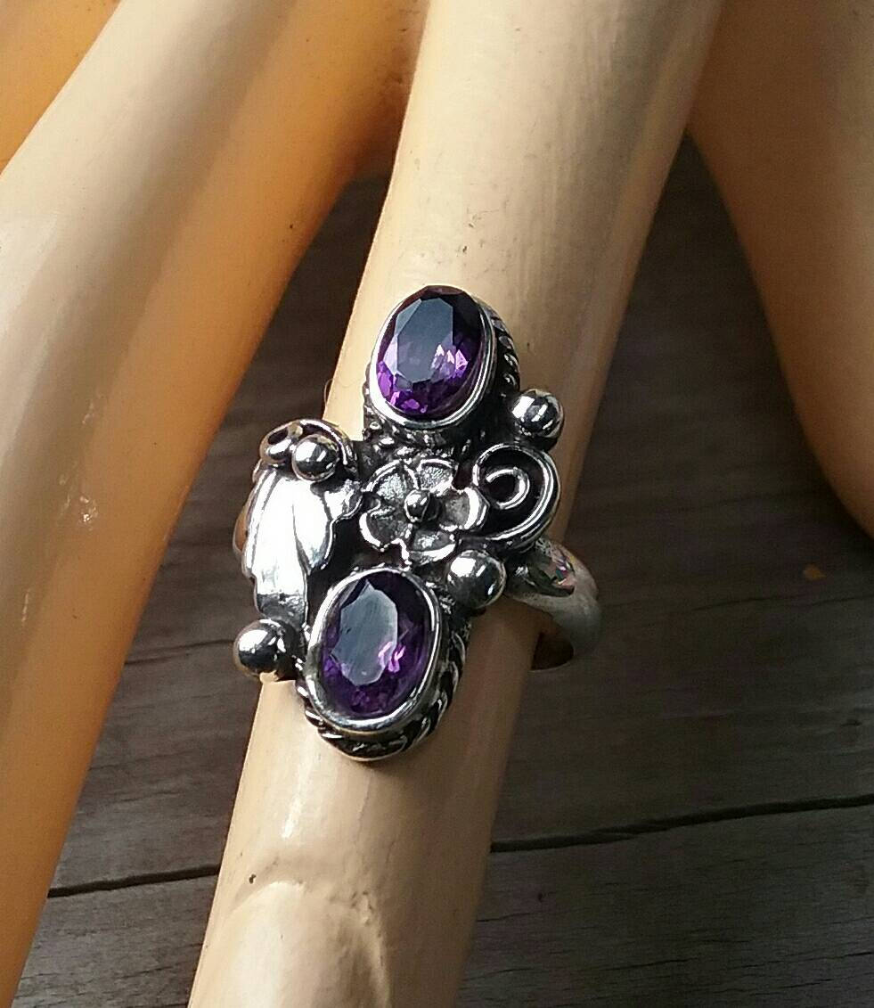 Amethyst,flower,leaf ring, sterling silver, alternative,steampunk,gothic,art nouveau, victorian,rockabilly,hand made,boho,goddess ,long ring