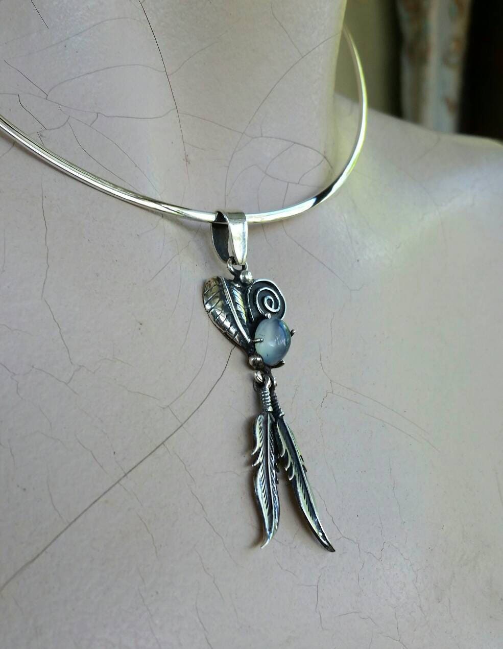 Moonstone feather pendant sterling silver biker steampunk gothic punk gypsy hippy boho