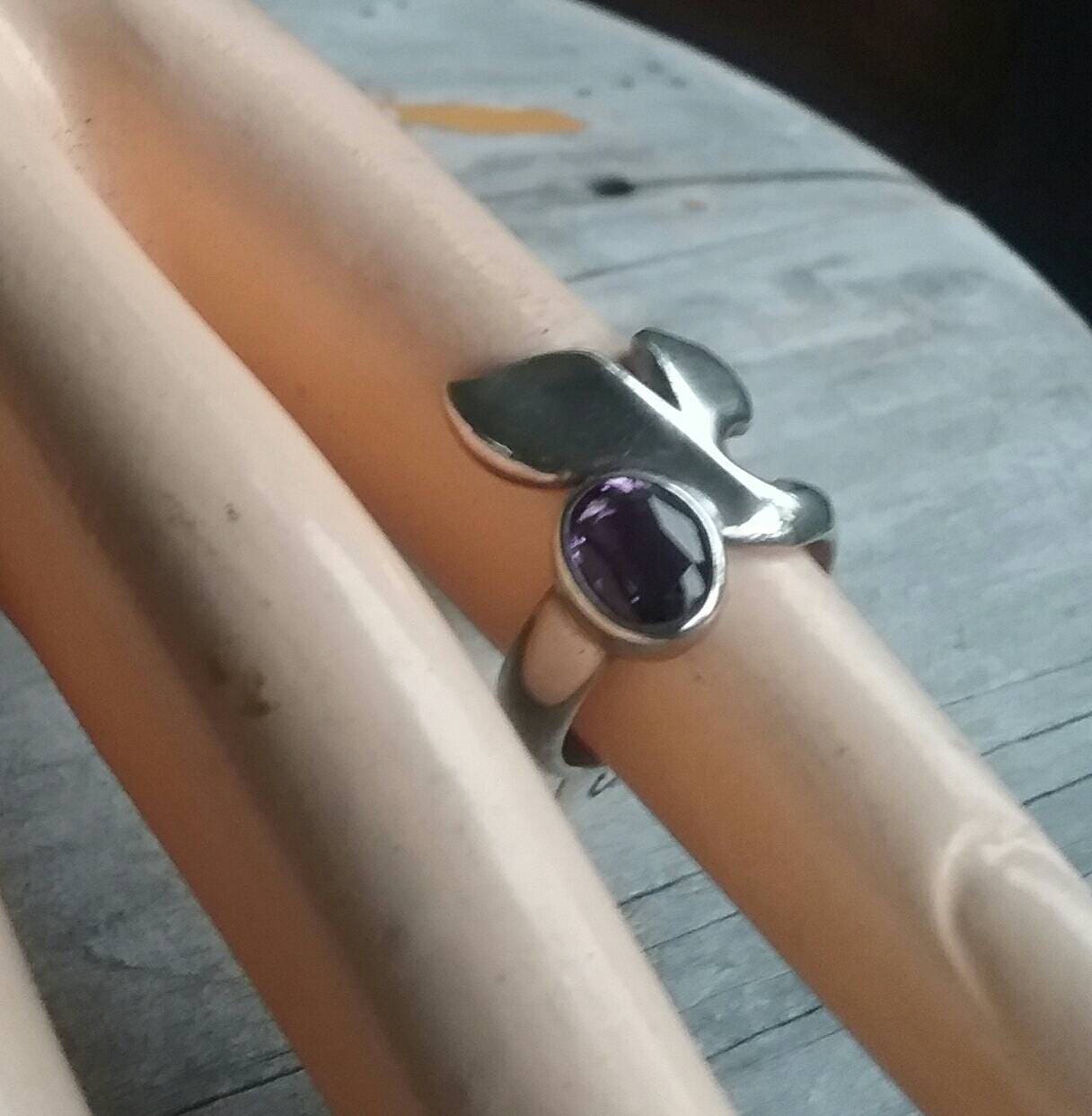 Amethyst Whale tale chunky ring marine dolphin surf sterling silver ring
