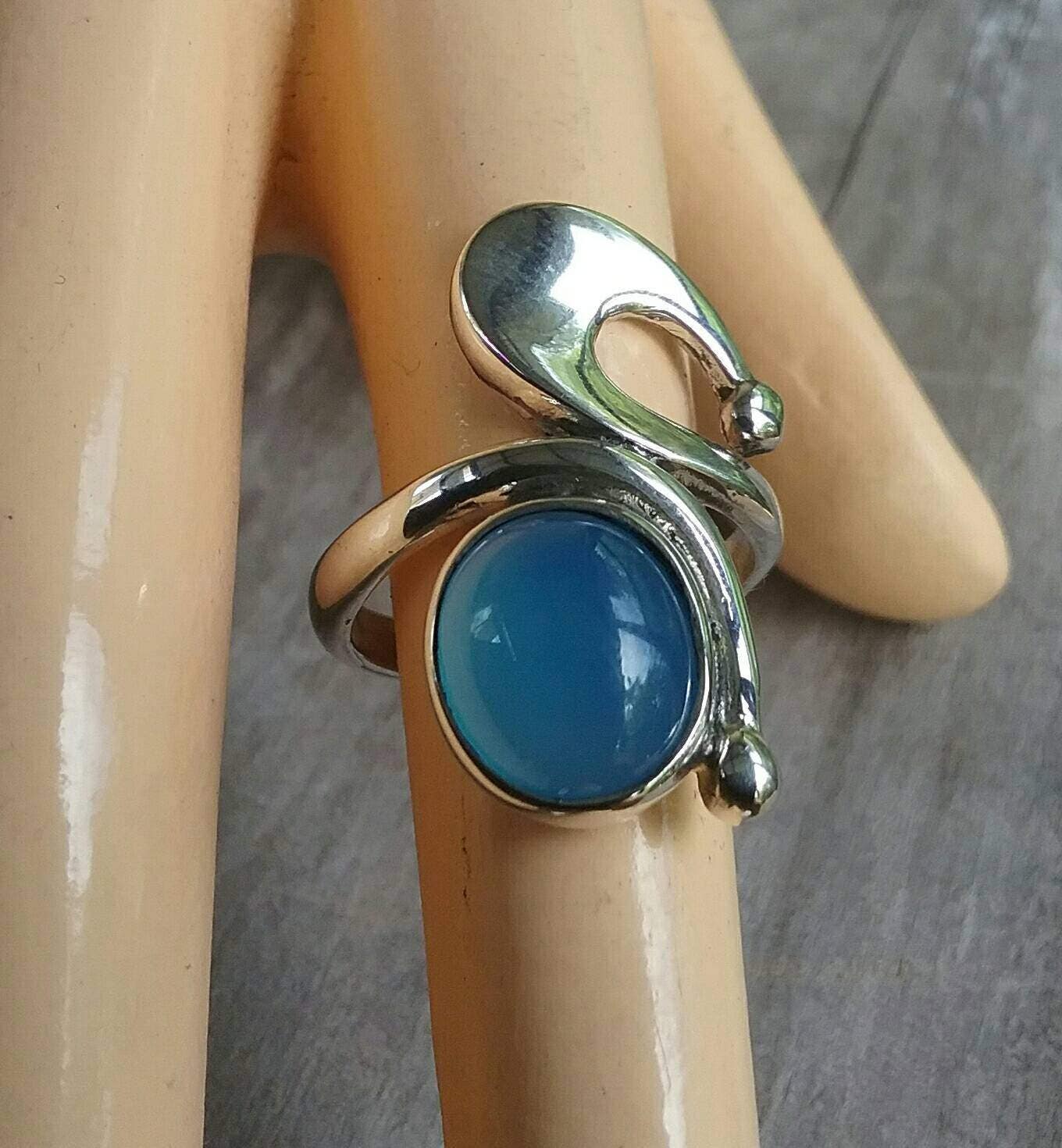 Blue chalcedony,blue stone ring,long ring,swirl,sterling silver, boho,hipster chic,womens fashion,goddess,hand made,MADE TO ORDER