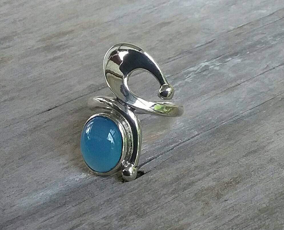 Blue chalcedony,blue stone ring,long ring,swirl,sterling silver, boho,hipster chic,womens fashion,goddess,hand made,MADE TO ORDER