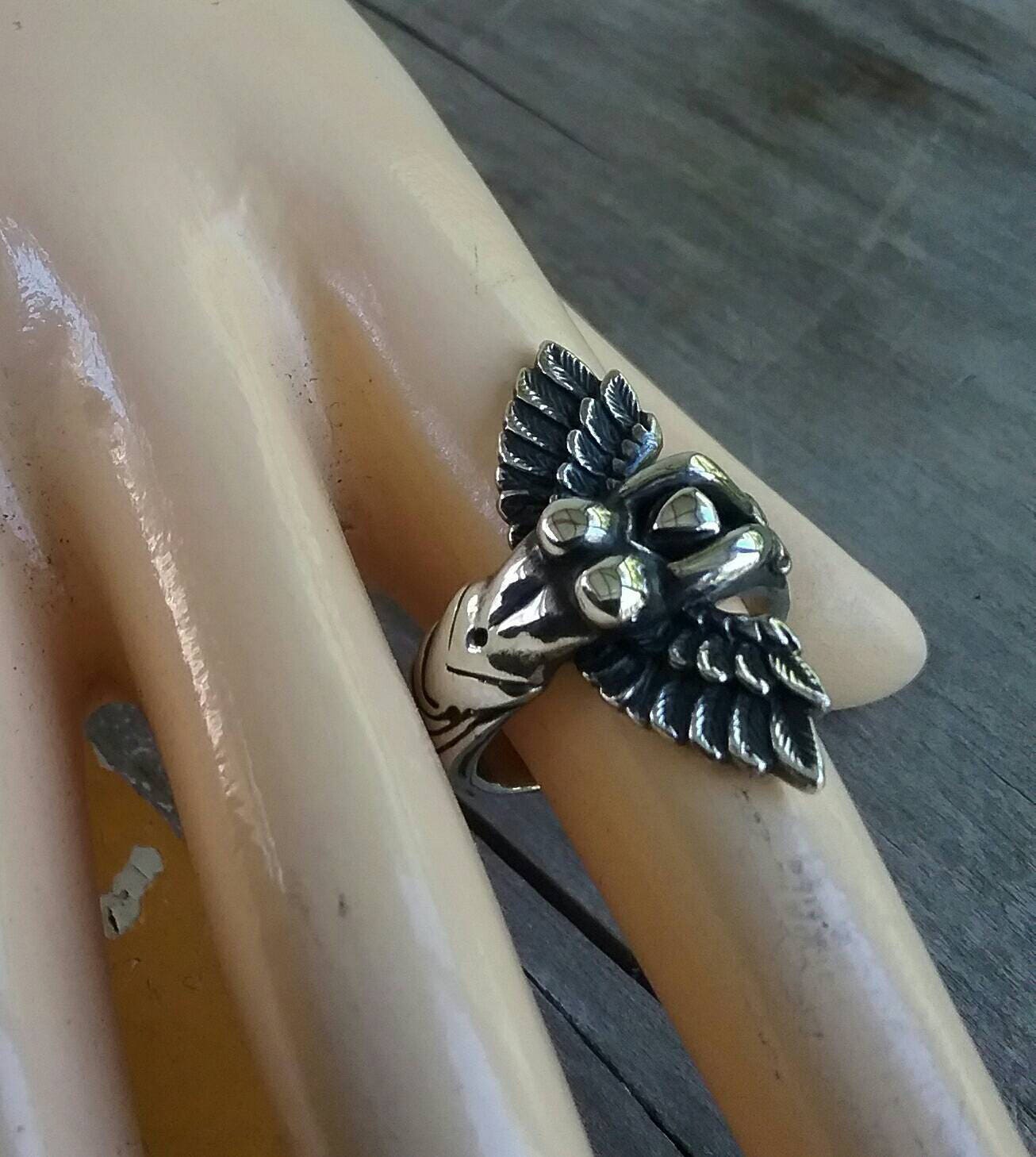 Goddess,naked lady,winged angel ring,sterling silver,eagle,feather,fairy,boho,gypsy,long ring,arc angel,handmade,bondage ring,angel ring