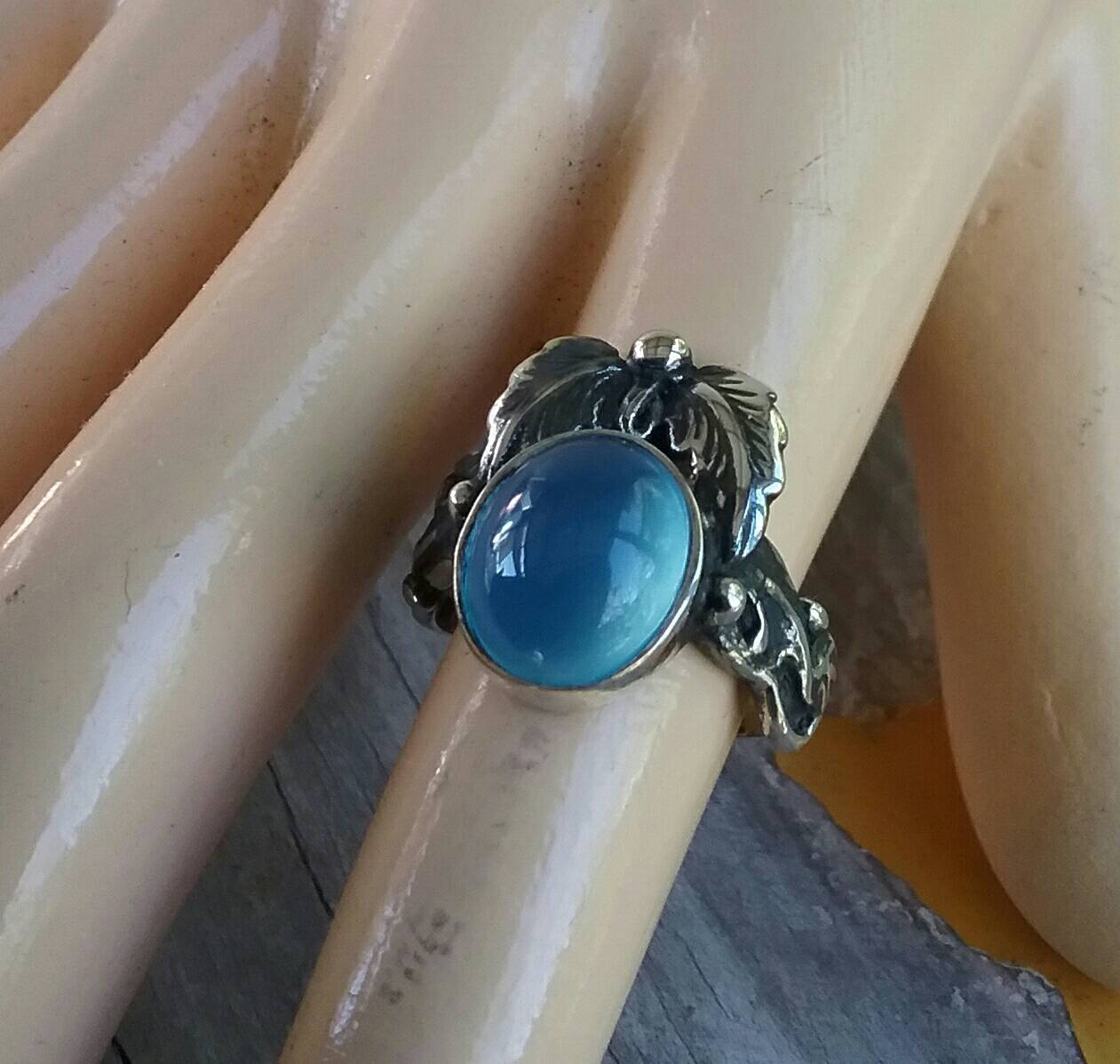 Blue chalcedony, leaf ring, sterling silver,handmade, steampunk,gothic, art nouveau, victorian,vintage,boho,designer ,gypsy,tribal,filigree,