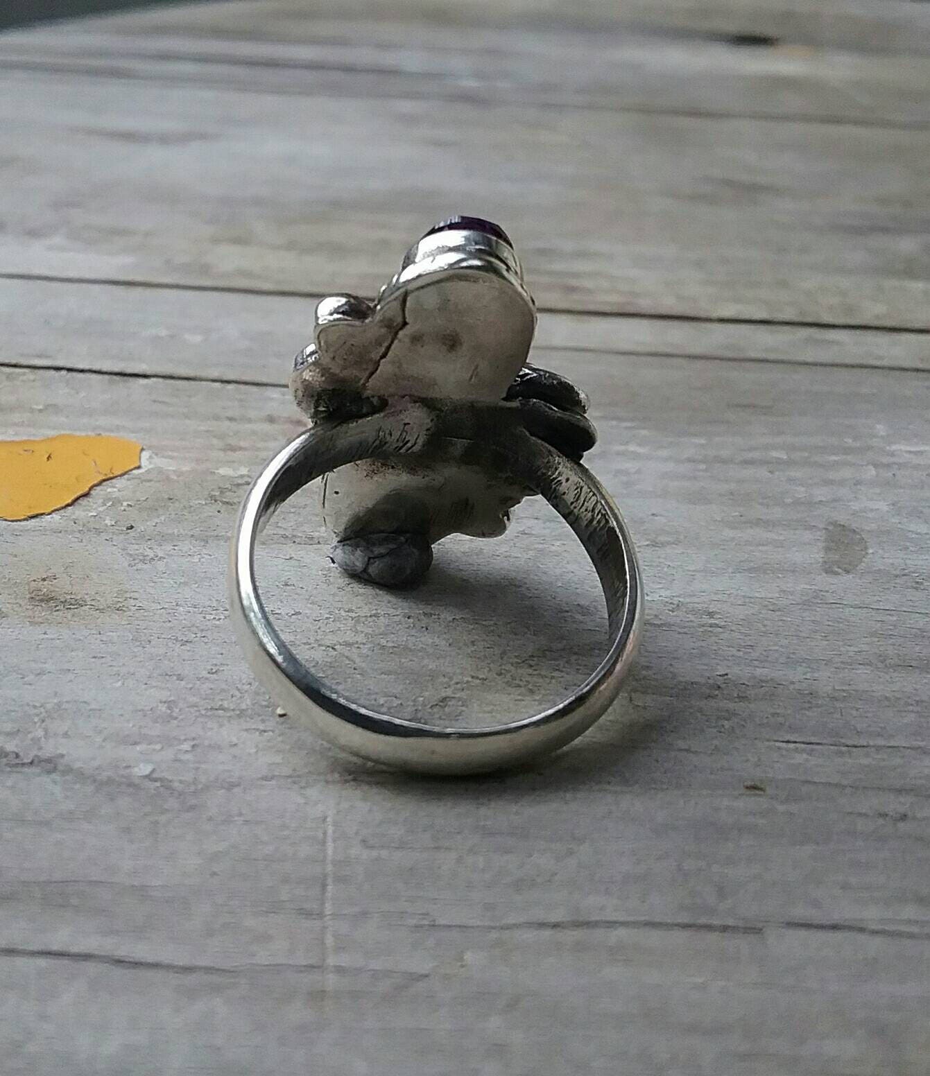 Amethyst,flower,leaf ring, sterling silver, alternative,steampunk,gothic,art nouveau, victorian,rockabilly,hand made,boho,goddess ,long ring