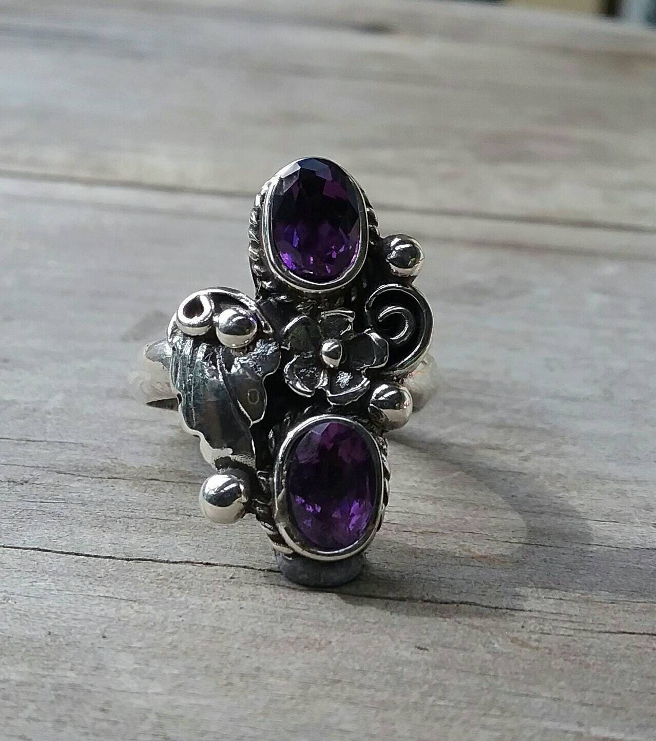 Amethyst,flower,leaf ring, sterling silver, alternative,steampunk,gothic,art nouveau, victorian,rockabilly,hand made,boho,goddess ,long ring