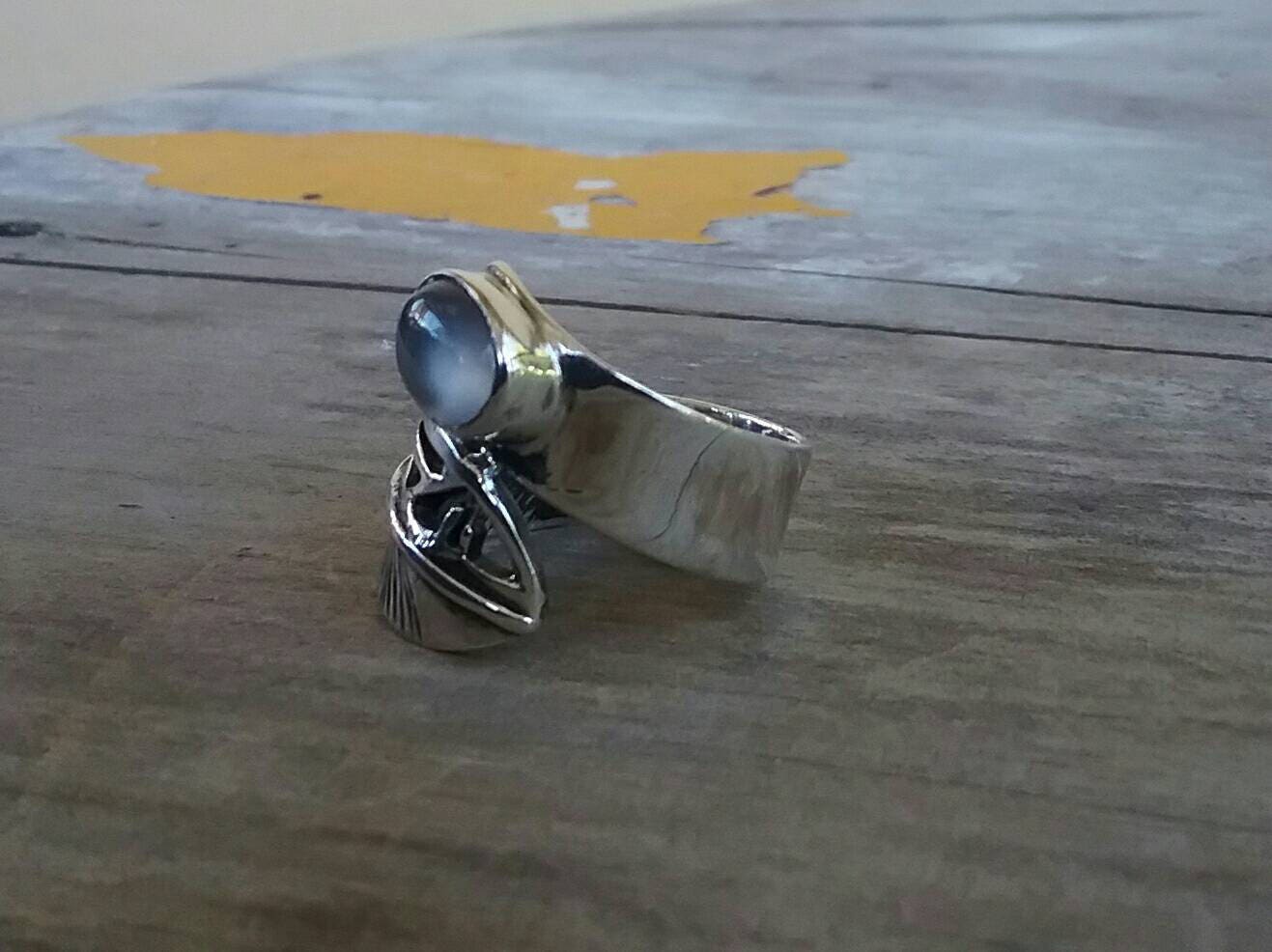 Feather ring, moonstone ring,boho,bird feather,Indian, gypsy, sterling silver ring,wrap around ring,thumb ring