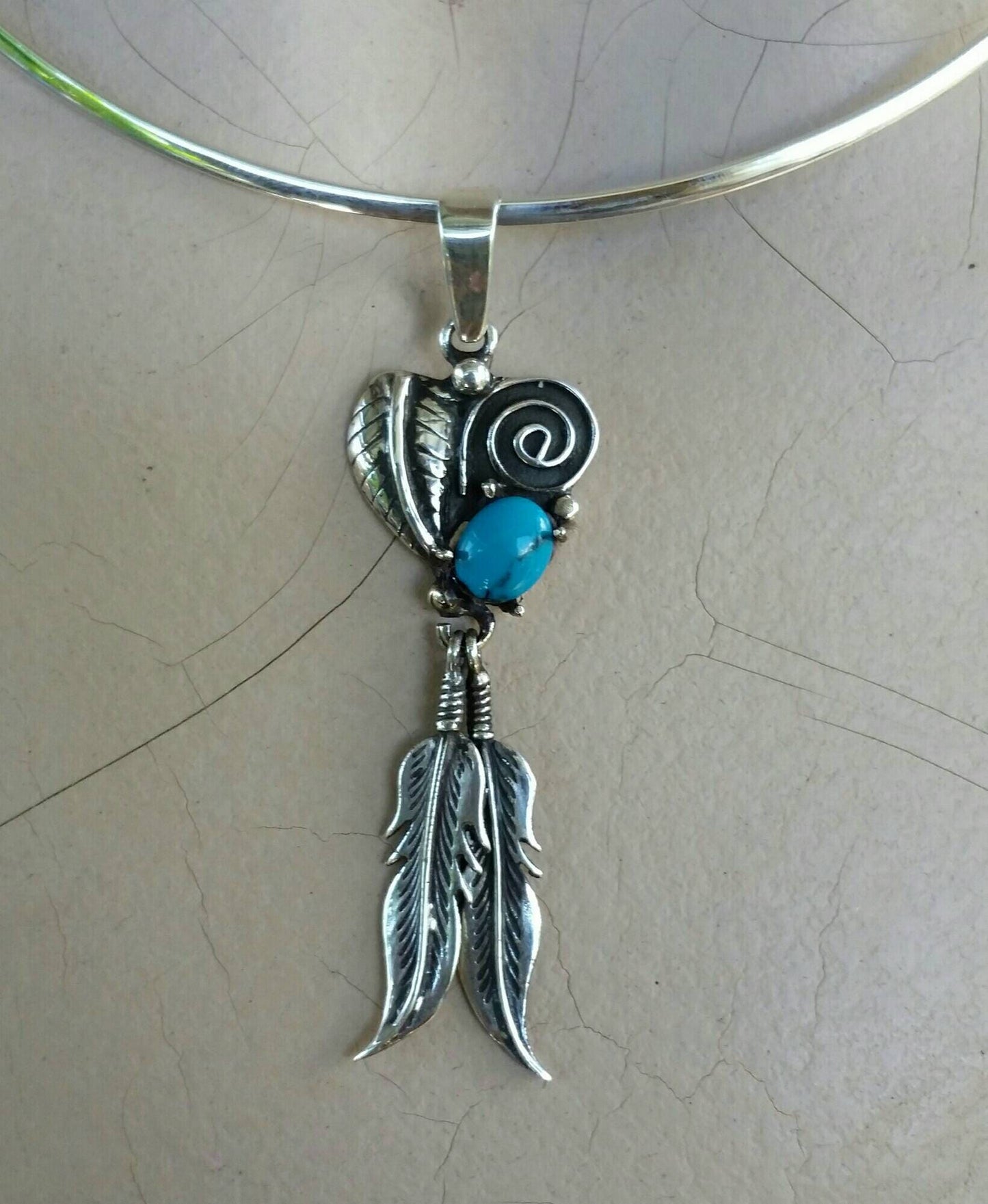Turquoise feather pendant sterling silver biker steampunk gothic punk gypsy hippy boho