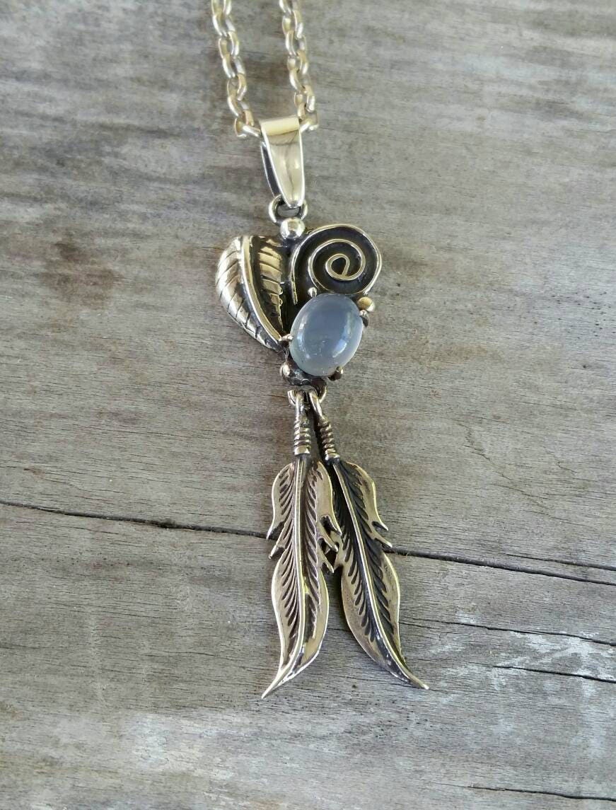 Moonstone feather pendant sterling silver biker steampunk gothic punk gypsy hippy boho