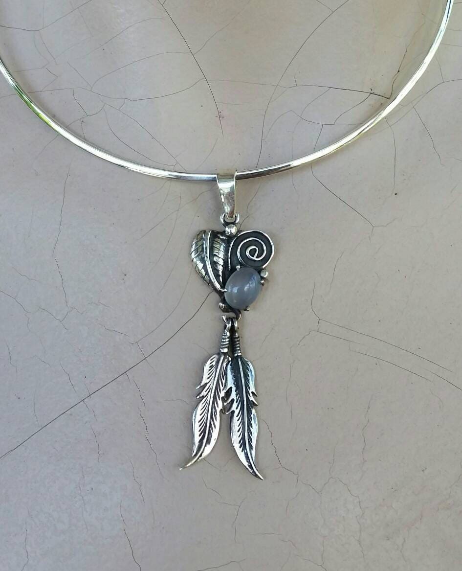 Moonstone feather pendant sterling silver biker steampunk gothic punk gypsy hippy boho