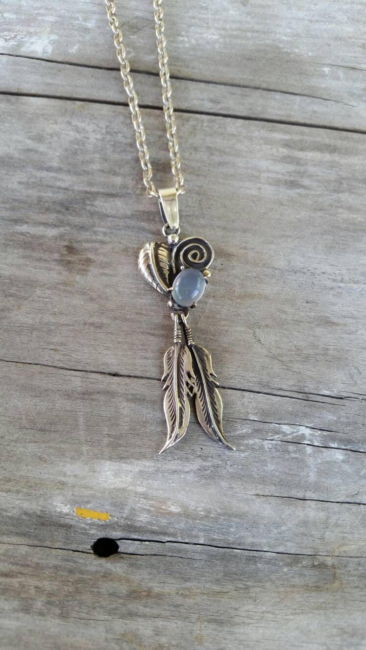 Moonstone feather pendant sterling silver biker steampunk gothic punk gypsy hippy boho