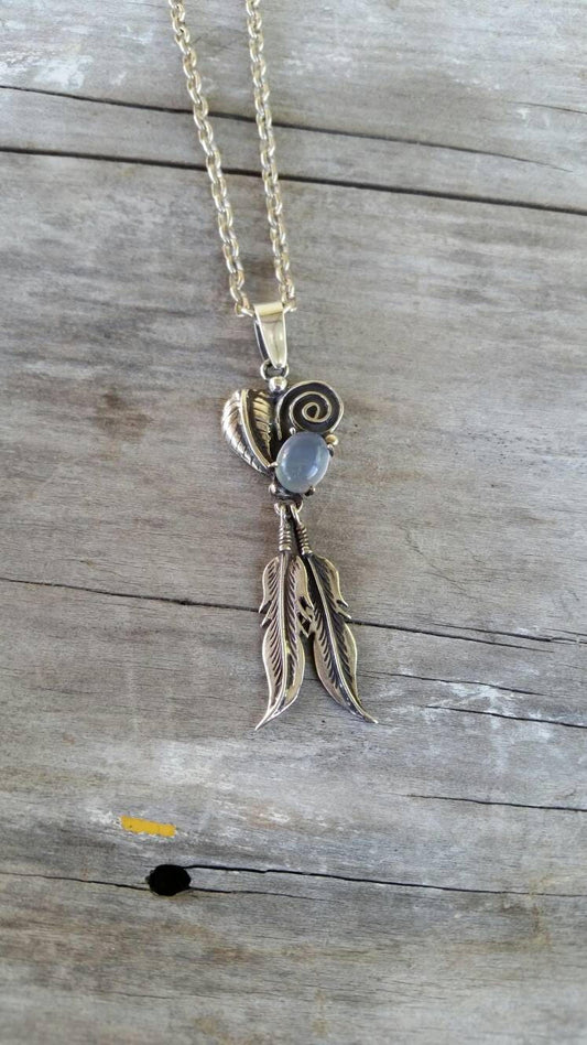 Moonstone feather pendant sterling silver biker steampunk gothic punk gypsy hippy boho
