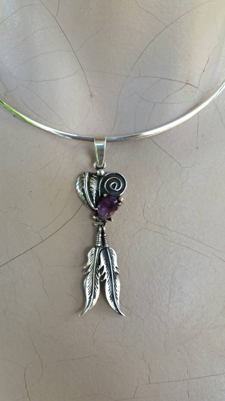 Amethyst feather pendant sterling silver biker steampunk gothic punk gypsy hippy boho