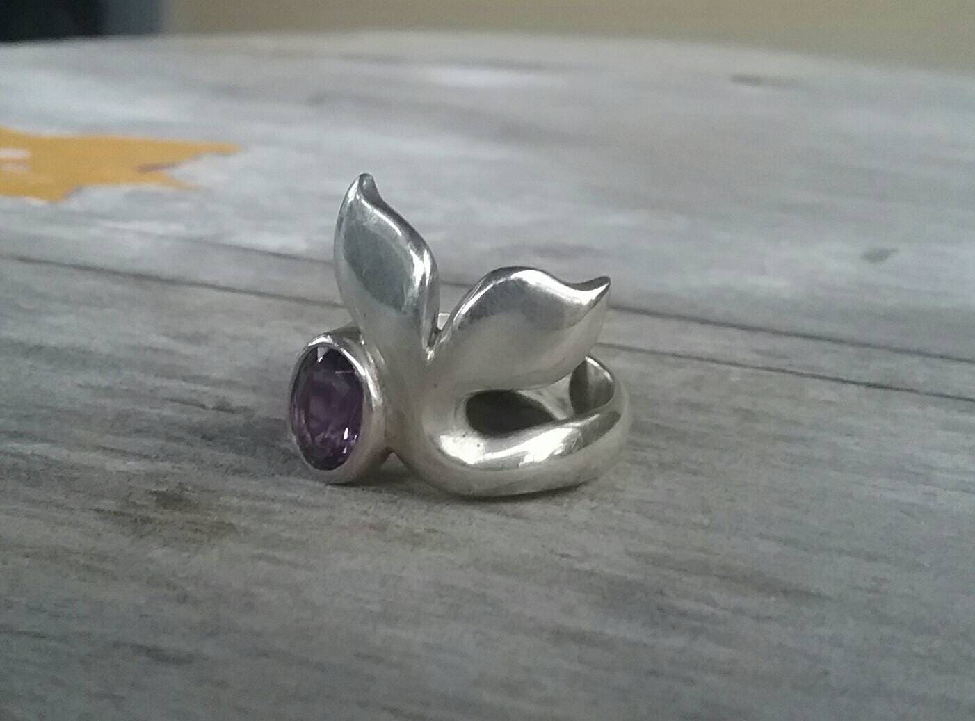 Amethyst Whale tale chunky ring marine dolphin surf sterling silver ring