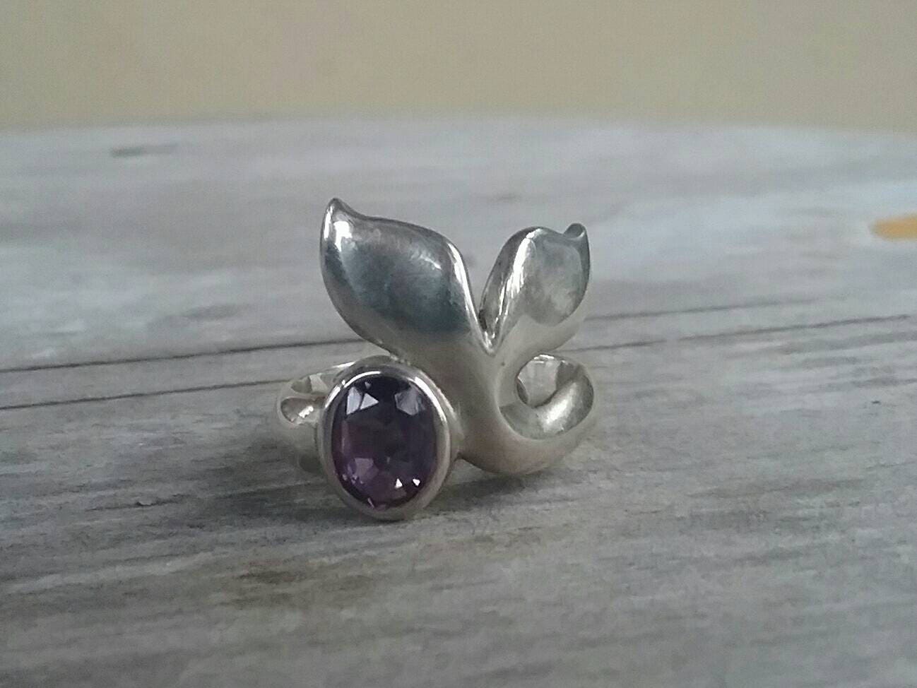 Amethyst Whale tale chunky ring marine dolphin surf sterling silver ring