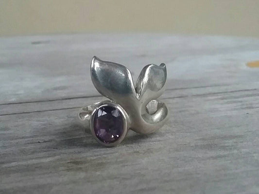 Amethyst Whale tale chunky ring marine dolphin surf sterling silver ring