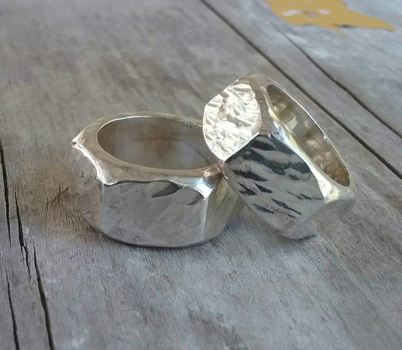 Hexagonal chunky ring,heavy,10mm solid sterling silver,hammered,handmade,unisex ring, wedding  ring,heavy band,industrial,