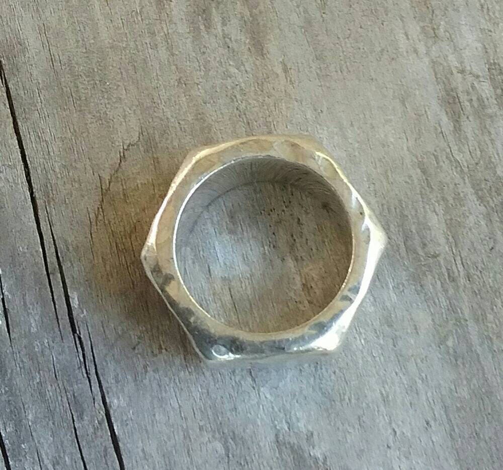 Hexagonal chunky ring,heavy,10mm solid sterling silver,hammered,handmade,unisex ring, wedding  ring,heavy band,industrial,