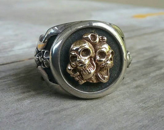 gold skull ring,sterling,silver,two tone, signet ring 9ct gold,steampunk gothic, punk,handmade.grunge,mens fashion,rockabilly,hipster,pirate