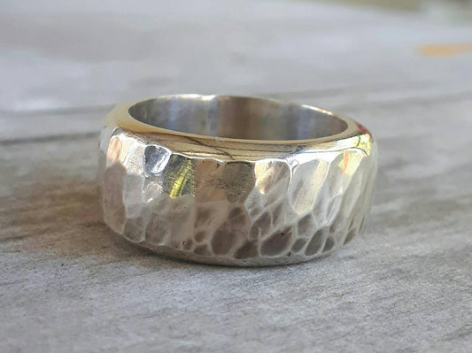 Chunky ring,10mm heavy, solid sterling silver, hammered,rustic,nugget,steampunk, wedding dress ring