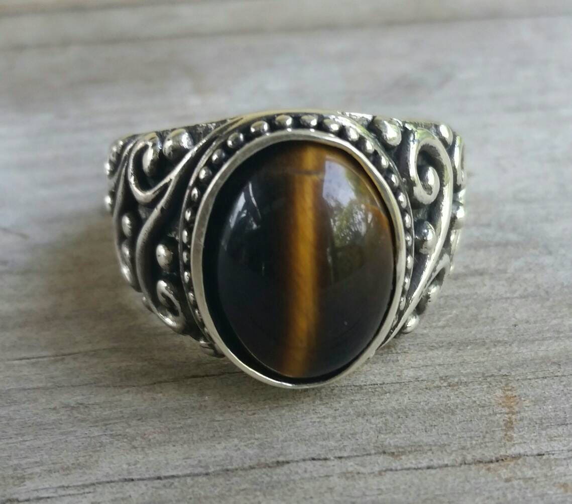 Tigers eye mans sterling silver dress wedding dress ring antique scroll pattern