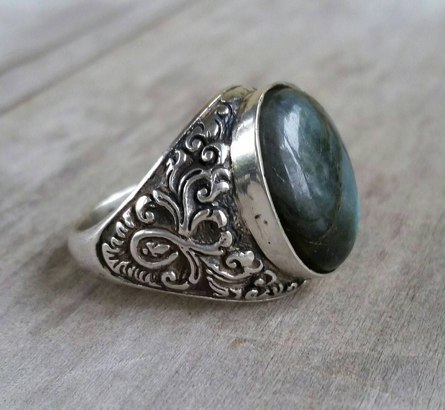 Tigers eye ring,sterling silver,blue grey stone,mens ring,wedding dress ring, antique scroll,boho,vintage,onyx gemstone ring,unisex