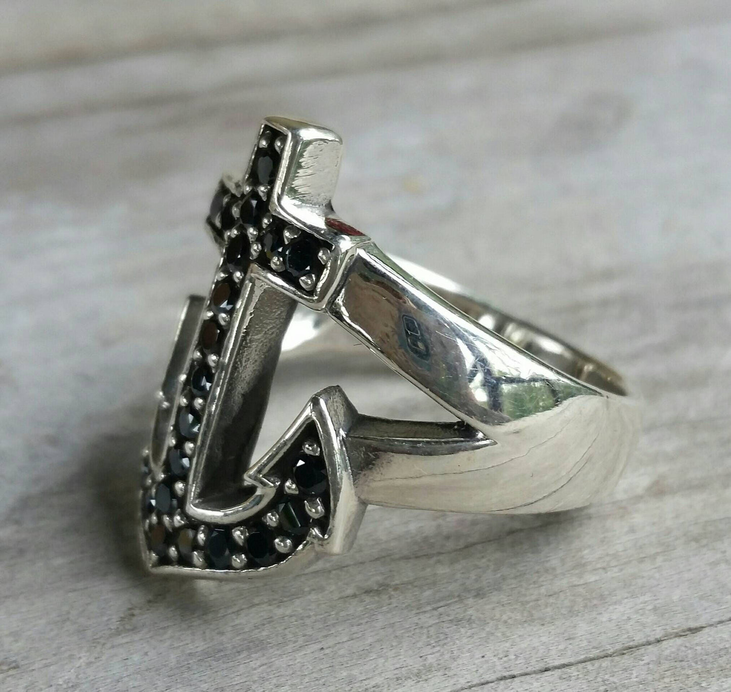 anchor ring black stone nautical sailor rockabilly wedding sterling silver ring